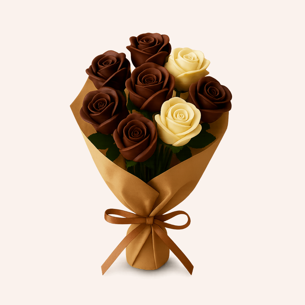 Bouquet Elegance de Rosas talladas en Chocolate - (Ramo sofisticado para regalo especial) (8 Rosas)