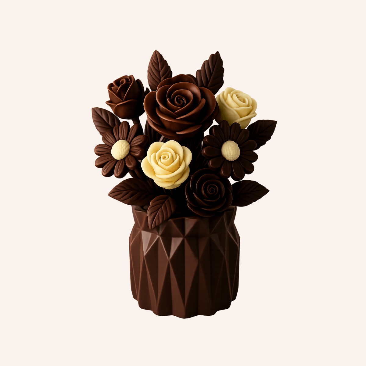 Florero Elegante de Rosas de Chocolate Blanco y Marrón – Estilo Royale Clásico (Regalo gourmet de rosas de chocolate artesanales)